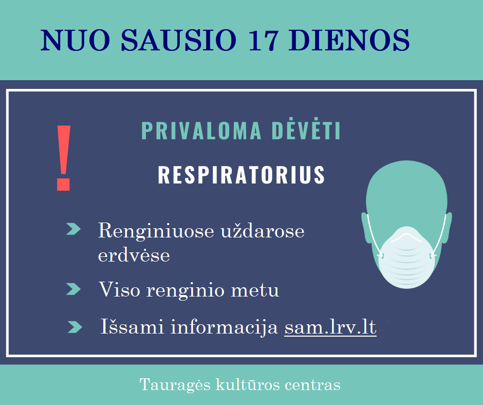 2022-01-17 Nuo pirmadienio (sausio 17 d.) renginiuose uždarose erdvėse privaloma dėvėti respiratorius