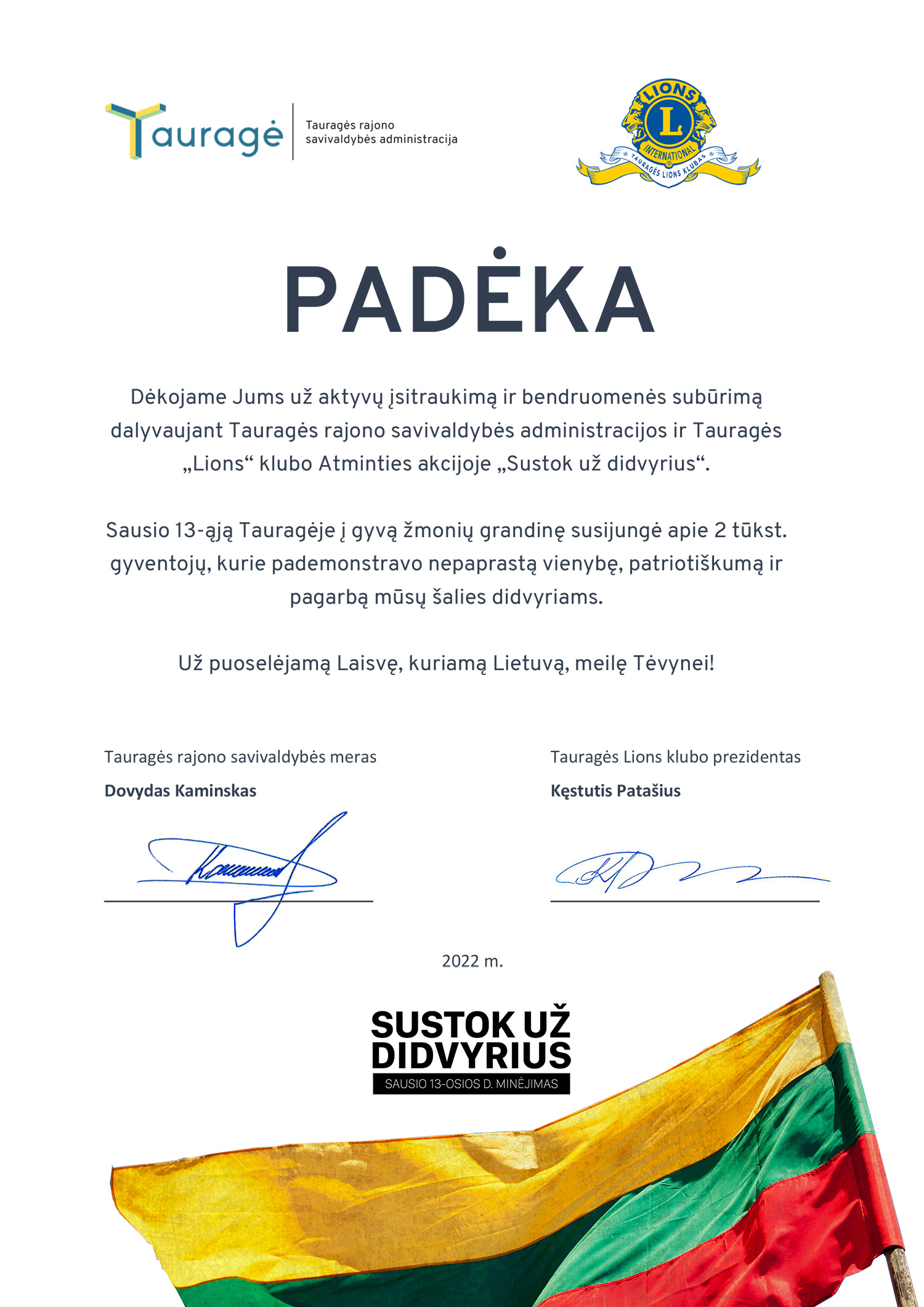 2022-01-24 Padėka už dalyvavimą akcijoje